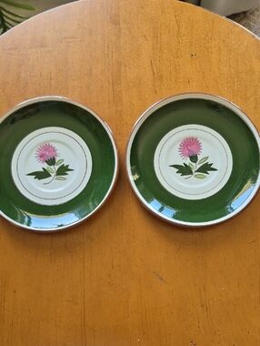 STANGL Thistle Green Rim Saucers with Pink Floral Motif - Set of 2